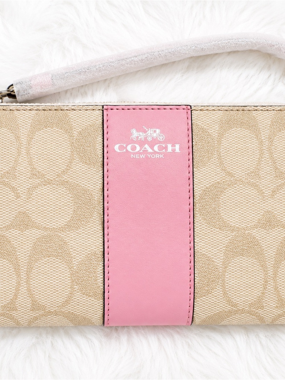 Coach Beige Signature Canvas Wristlet with Pink Leather Stripe